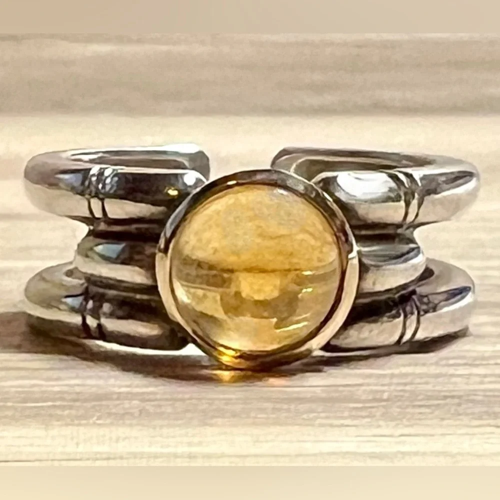 Designer Hallmarked M Sterling Silver & 18K Gold Bezel Set Citrine Ring, Size 6